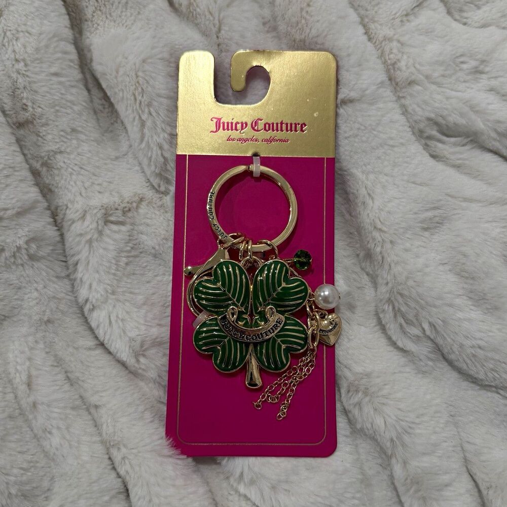 Juicy Couture Gold Green Lucky Clover Leaf Logo Pearl Charm Keyring Bag Charm 🍀